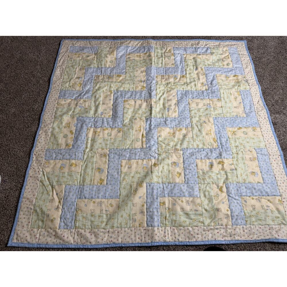 Lap Throw Quilt Handmade Baby Boy Yellow Blue Nursery Theme 40 X 40 In